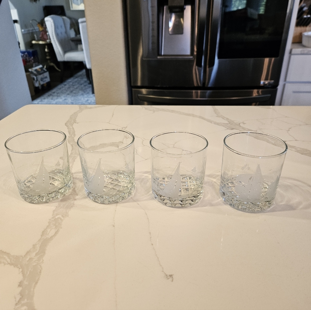 (Set 5) True North Franc Nord Lowball Whiskey Glasses Etched Nautical Sail Boats